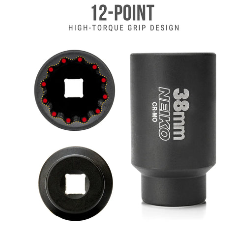 38mm Socket For Half Inch Drive Deep Impact, Spindle And Axle Nut Socket with 12 Point Chrome Molybdenum design