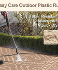 Outdoor Waterproof Plastic Straw Rug 8x10 being cleaned, reversible lightweight carpet for RV camping, beige and brown
