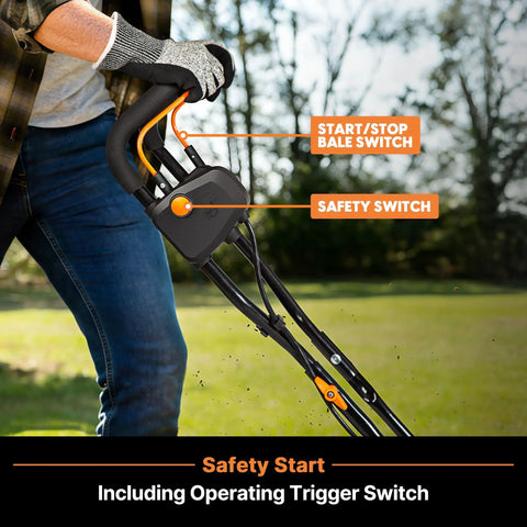 Close-up of Powerful Workhorse Brushless 48V Cordless Tiller Cultivator handle with start and safety switches, in use.