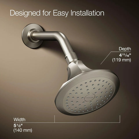 5-1/2 Inch 1-Function Showerhead With Nickel Finish, 2.5 GPM, Air-Induction Technology, mounted, Memoirs Collection, side view