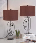Industrial Farmhouse Table Lamps Set Of 2 Black Finish With Brown Fabric Shades For Living Room, Bedroom, Office, And Desk