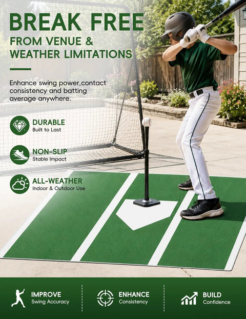 Athlete using 4 By 6.5 Ft Baseball Hitting Mat With Home Plate For Backyard Practice, Soft-Touch Velvet Surface, Indoor Outdoor