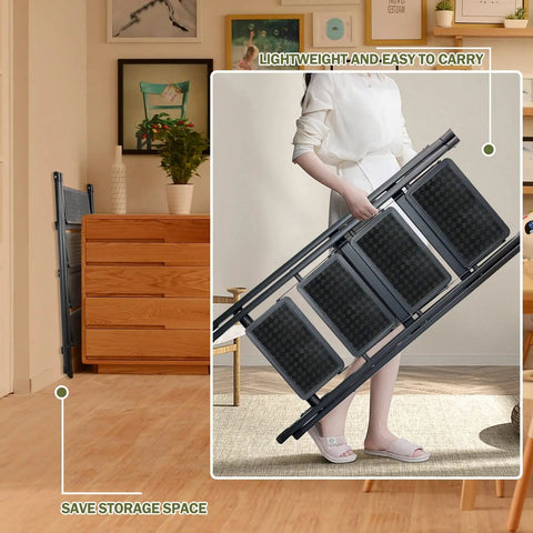 Woman carrying 3 Step Folding Ladder Step Stool With Wide Anti Slip Pedal Portable Sturdy Steel Frame Built To Last