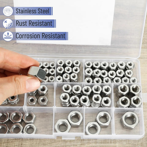 Open case of Stainless Steel Hex Nuts Assortment Kit With 340 Pieces And 11 SAE Sizes From 1/4-20 To 3/8-16 Pro Grade Hardware Set.