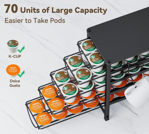5 Tier Metal Coffee Pod Organizer Drawer Holds 70 K Cups, showing tiers with cups and side mug rack, for home office or cafe use.