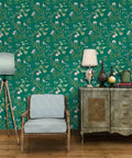 Room with Green Floral Peel And Stick Wallpaper With Vintage Bird Pattern Removable Self Adhesive Wall Covering Waterproof And Oil Resistant Vinyl