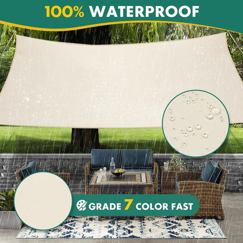 10 By 13 Foot Waterproof Sun Shade Sail Rectangle Canopy For Patio Pergola And Backyard Keeps Outdoor Space Cool And Shaded UV Block Up To 98 Percent Heavy Duty Sunshade Awning Ivory For Deck Garden And Pool Area showing waterproof material over outdoor seating area
