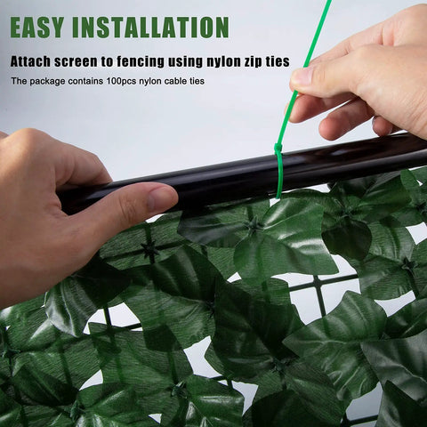 Hands installing Faux Ivy Privacy Fence Screening Expandable Outdoor Greenery Roll Easy Install For Garden And Patio Realistic