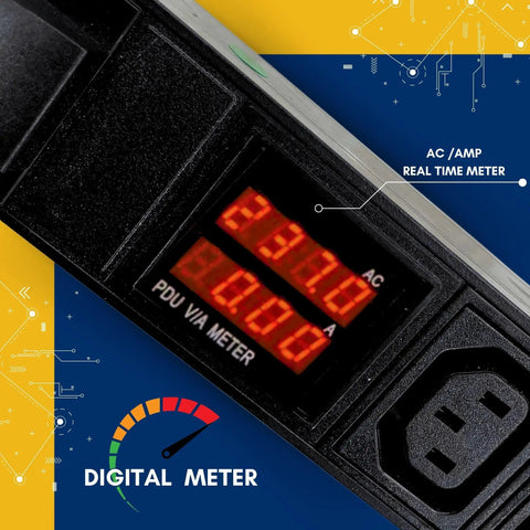 30 Amp 240V Rack Mount Distribution Unit With Six C13 And Four C19 Outlets, Breaker And Surge Protector, digital meter display