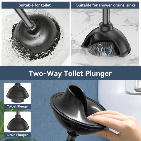 Heavy Duty Toilet Plunger With Wall Holder For Standard Bathroom Drains, showing rubber cup for sinks and toilets.