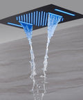 Top Shelf Heavy Duty Stainless Steel Shower Panel Fifteen X Twenty Three Inches With Built In Bluetooth Speakers Smart Thermostatic Valve Four Way Rainfall Waterfall And Body Jets Remote Color Changing Antique Brass with waterfall feature and blue LED lights.