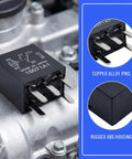 Universal Fit 2 Pack 12V 5 Pin Automotive Fuel Pump Relay Waterproof Heavy Duty Switch showing copper pins and rugged housing.