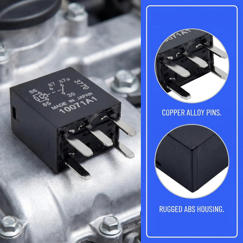 Universal Fit 2 Pack 12V 5 Pin Automotive Fuel Pump Relay Waterproof Heavy Duty Switch showing copper pins and rugged housing.