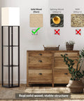 Solid Wood Floor Lamp With Built In Shelves, Modern Three Color Temperature Lighting, Linen Lampshade, Space Saver Shelves For Living Room Or Bedroom, Bulb Included, Brown Finish in a room setting.