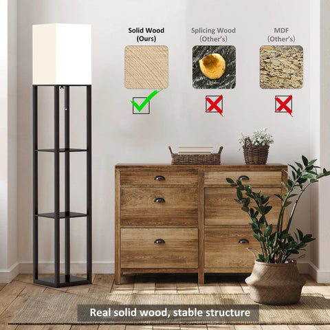 Solid Wood Floor Lamp With Built In Shelves, Modern Three Color Temperature Lighting, Linen Lampshade, Space Saver Shelves For Living Room Or Bedroom, Bulb Included, Brown Finish in a room setting.