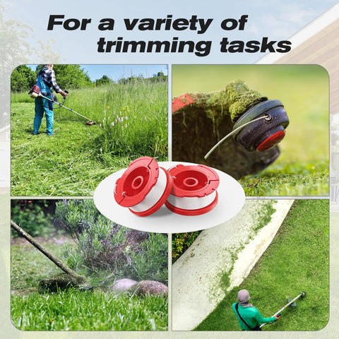 Four images showing Eight Pack Weedeater String Replacement 30 Feet 0.065 Inch Trimmer Line for Craftsman Weedeater in use and spools