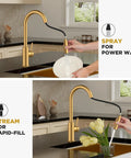 Gold kitchen faucet with pull-down sprayer spraying water, illustrating spray and stream modes, kitchen sink setting.