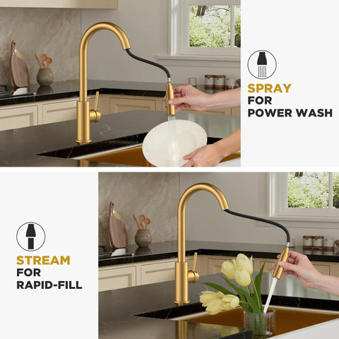 Gold kitchen faucet with pull-down sprayer spraying water, illustrating spray and stream modes, kitchen sink setting.