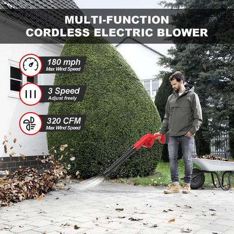 Man using M18 Battery Compatible Cordless Leaf Blower With 320 CFM Airflow And 180 MPH Wind 3 Speed for lawn care