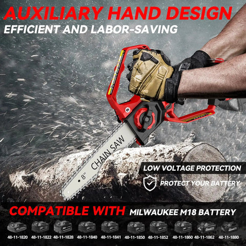 Powerful Mini Chainsaw Kit 8-Inch And 6-Inch 2-In-1 Cordless Electric Chainsaw with brushless motor cutting a log