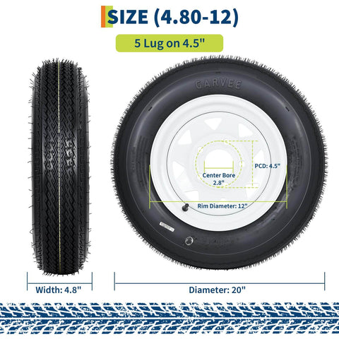Beefed Up Heavy Duty Trailer Tire And Wheel Assembly Set Of 2 With 4.80-12 Bias Ply Tires Load Range C 6PR 12 Inch White Spoke Wheels