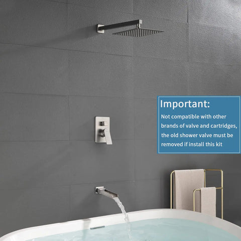 Matte Black Shower Faucet Set With Waterfall Tub Spout, Wall Mounted Tub And Shower Trim Kit With Rough-In Valve