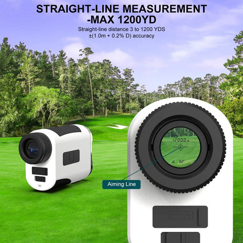High Precision Golf Rangefinder With Slope, Flag Lock, And Vibe Feedback, 6.5X Magnification, 1200 Yard Range displayed on golf course