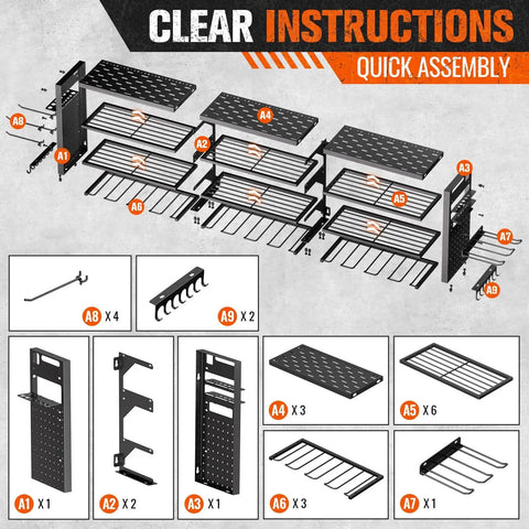 Assembly instructions for Forty Nine Point Eight Inch Wide Heavy Duty Power Tool Organizer Wall Mount With Four Layer Storage Rack And Fourteen Cordless Drill Holders For Garage Or Workshop Black