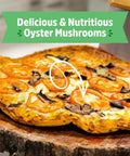 Pizza topped with tomatoes and oyster mushrooms from Organic Mini Mushroom Grow Kit For Gourmet Oyster Mushrooms In 10 Days