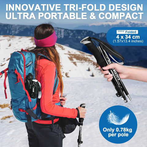 Hiker using Lightweight Collapsible Trekking Poles With Telescopic Tri Fold Design Aluminum 7075 Walking Sticks in snow landscape.