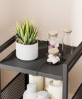 Top view of Expandable 4 Tier Slim Storage Cart on Wheels in Black with plant and jars, adjustable width for narrow spaces