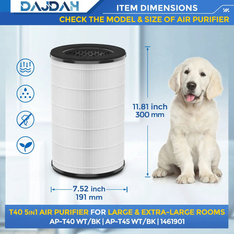 Replacement Filter Set for 5 In 1 Air Purifier AP-T40FL and AP-T45 Compatible 2 Pack True HEPA 5 Stage Filtration for Large Rooms Fits AP-T40 AP-T40WT AP-T43-WT AP-T45 AP-T45-BK AP-T45-WT