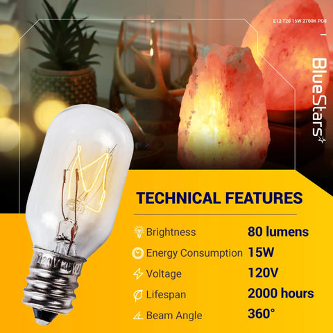 E12 T20 Salt Lamp Bulb 120V 15W Warm White 2700K Dimmable Brightens Any Space For Cozy Vibes Candelabra Base For Himalayan Salt Lamps And Baskets Scentsy Wax Warmers Night Lights Pack Of 8 with technical features displayed.