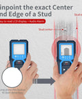 Stud Finder Wall Scanner, 4 in 1 Detector for Wood Metal AC Wire with hands showing detection on wall.