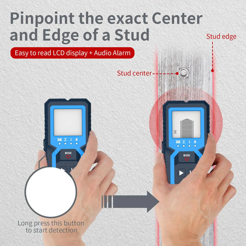 Stud Finder Wall Scanner, 4 in 1 Detector for Wood Metal AC Wire with hands showing detection on wall.