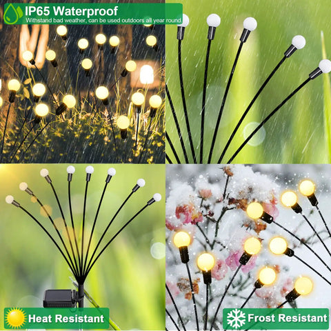 Upgraded Solar Firefly Lights 4 Pack Outdoor Waterproof 8 LED Starburst Swaying Lights for garden in all seasons.