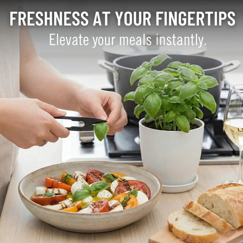Person using Awesome Indoor Garden Kit With Drainage Pots Watering Can And Tools Ideal Windowsill Planter Set For Fresh Herbs And Microgreens White Modern Home Decor Gift For Kitchen Or Balcony on kitchen counter with a salad.