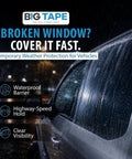 Car window covered with Emergency Car Window Cover Tape 12ft XL Waterproof 17.5 Inch Wide No Residue Temporary Glass Repair Film