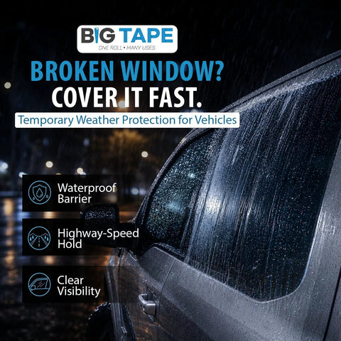 Car window covered with Emergency Car Window Cover Tape 12ft XL Waterproof 17.5 Inch Wide No Residue Temporary Glass Repair Film