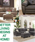 Living room with brown sofas and an ottoman, featuring cozy pillows and a coffee table with decorative items, modern home setting.