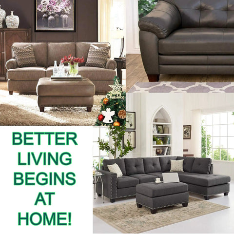 Living room with brown sofas and an ottoman, featuring cozy pillows and a coffee table with decorative items, modern home setting.