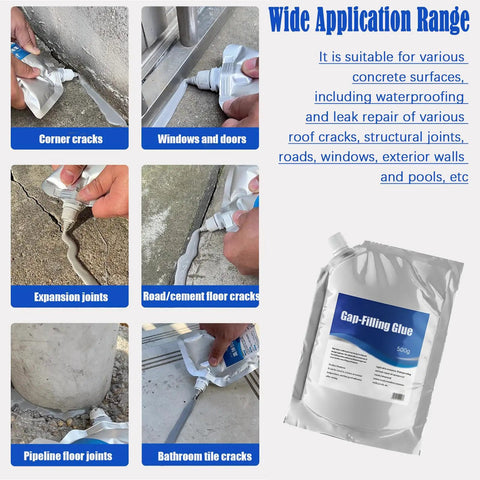 Image showing Fast Drying Crack Resistant Gap Filling Glue For Concrete Cracks Waterproof Repair Sealant Durable Caulking Glue used on various surfaces like corner cracks, windows, expansion joints, bathroom tiles, and pipelines.