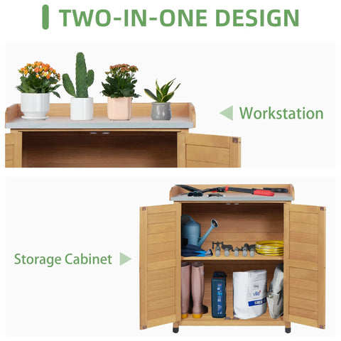 All In One Outdoor Potting Bench With Storage Cabinet And Metal Work Surface For Garden And Patio, open cabinet showing tools and pots