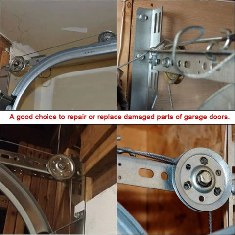 Close-up of 4 Inch Garage Door Track Extension Spring Pulley Wheel Kit System Replacement showing installation and cable fitment.