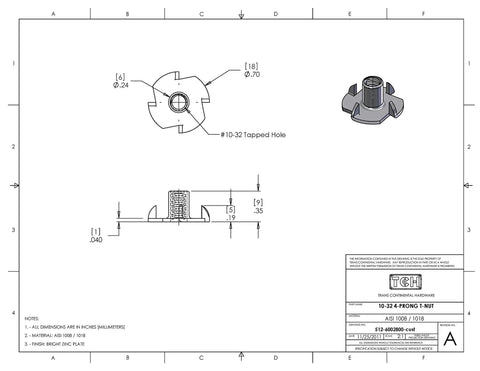 Built Like A Tank 4 Prong Steel T Nuts 100 Pack Featuring 10-32 Threads And 5/16 Inch Length detailed technical drawing.