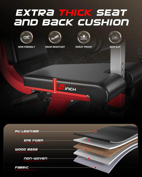 Extra thick seat and back cushion detail of Go-To 3-In-1 Leg Extension Curl Machine For Home Gym.