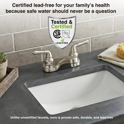 Two Lever Bathroom Sink Faucet With Elegant Arc Spout In Brushed Satin Nickel Finish Installed on White Sink
