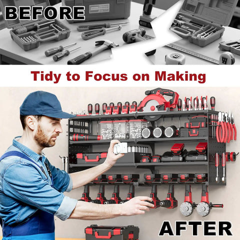 Man organizing tools on a 4 Tier Power Tool Organizer Wall Mount With 8 Drill Slots And Side Pegboards, Pro Grade Heavy Duty Tool Rack That Holds 50 Plus Tools Up To 320 Lbs For Garage, Shop And Warehouse Organization