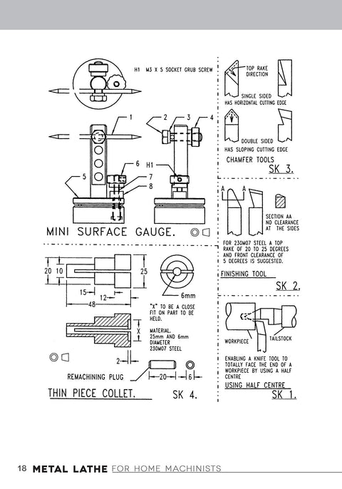 Book page from Metal Lathe for Home Machinists showing black-and-white lathe diagrams, including mini surface gauge.