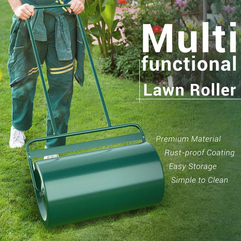 Heavy Duty Push Or Tow Behind Garden Roller Water Or Sand Filled Drum Roller For Lawn Yard Park And Ball Field 13x24 Inch Steel Frame Turf Stabilizer No Power Quiet Green Finish shown with U-shaped handle in lawn